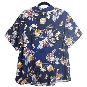 Coldwater Creek navy floral print short sleeve rayon camp shirt blouse 1X